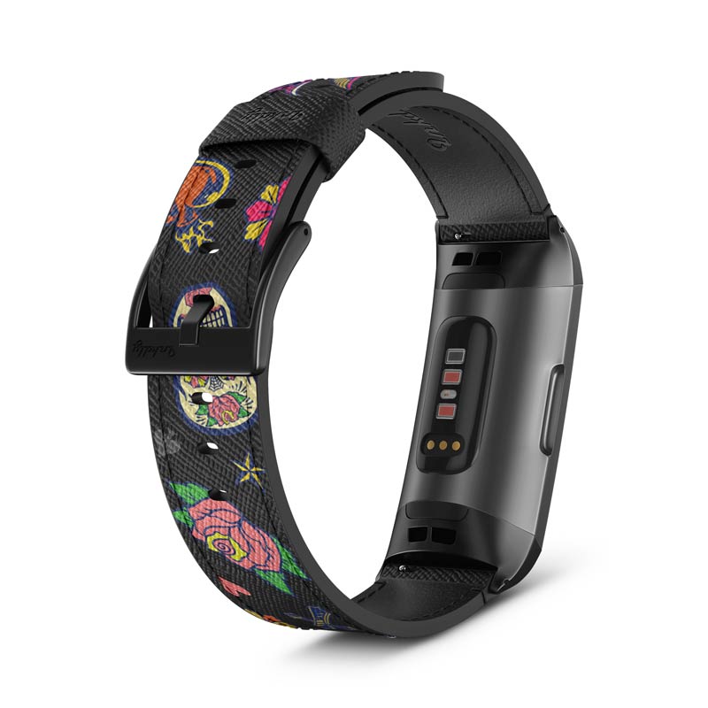 Inkdly Fitbit Charge 3 & Charge 4 Band - Sugar Skulls Small Black