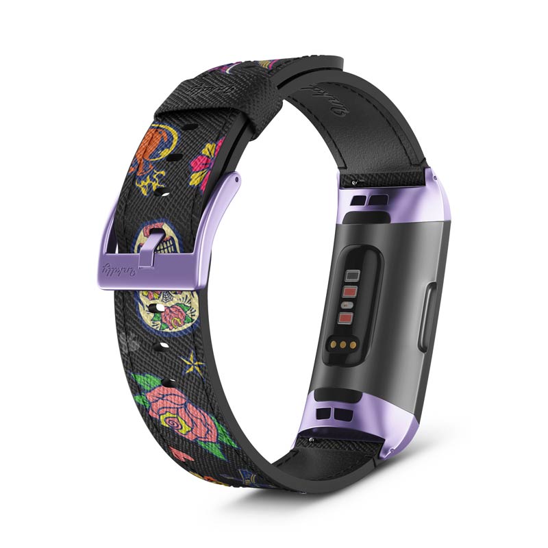 Inkdly Fitbit Charge 3 & Charge 4 Band - Sugar Skulls Small Light Purple