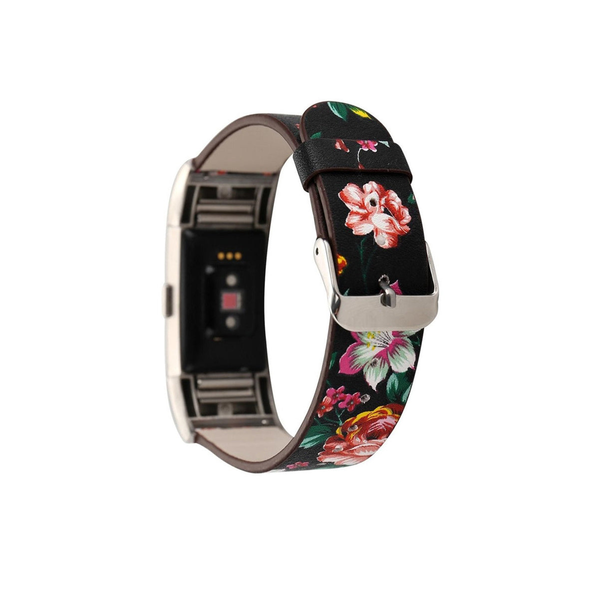 Designer Leather Fitbit Charge 2 Replacement Band with Buckle Black + Pink Flowers
