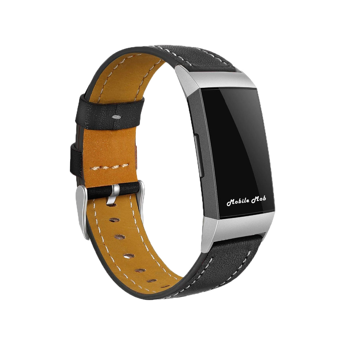 Leather Fitbit Charge 3 & Charge 4 Band Replacement Strap with Stainless Buckle Black