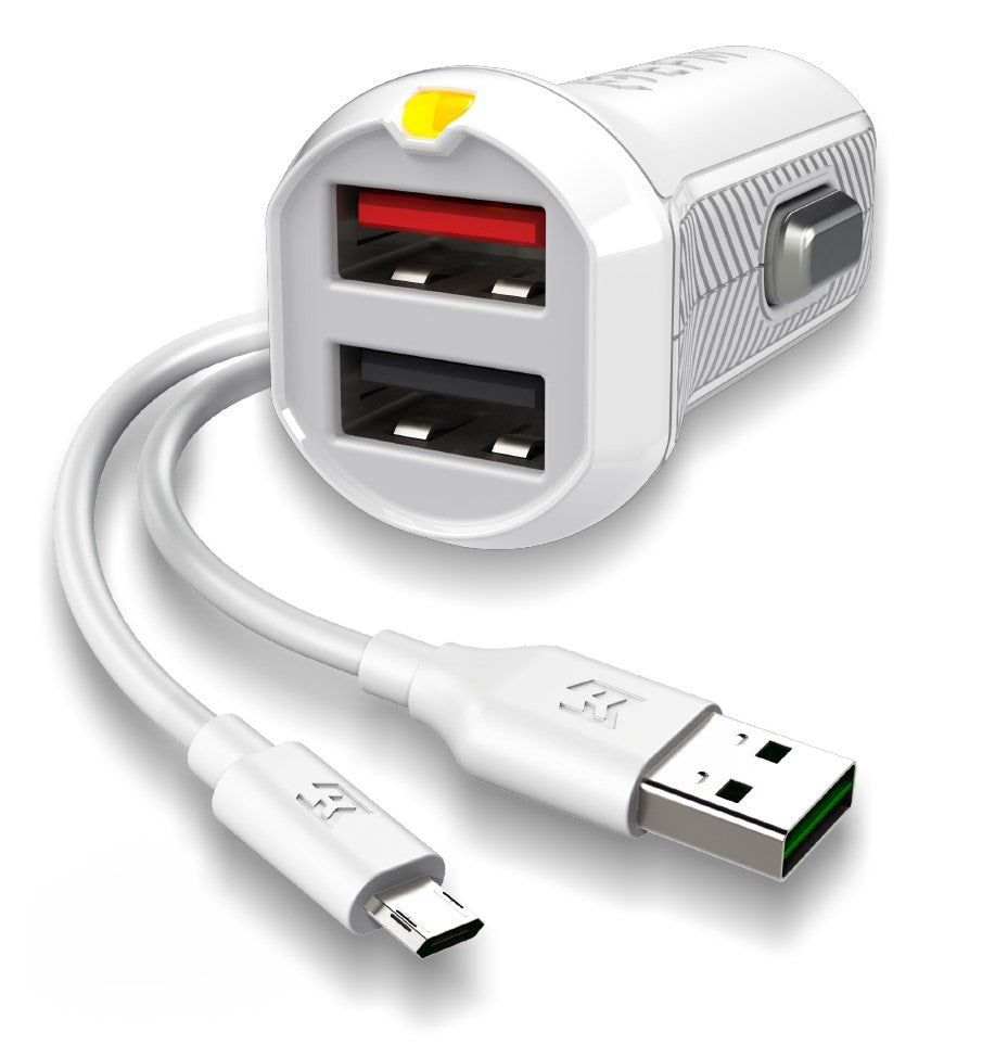 EFM Car Chgr 3.4A Dual USB Rapid Charge W/Reverse Micro USB Cable - White