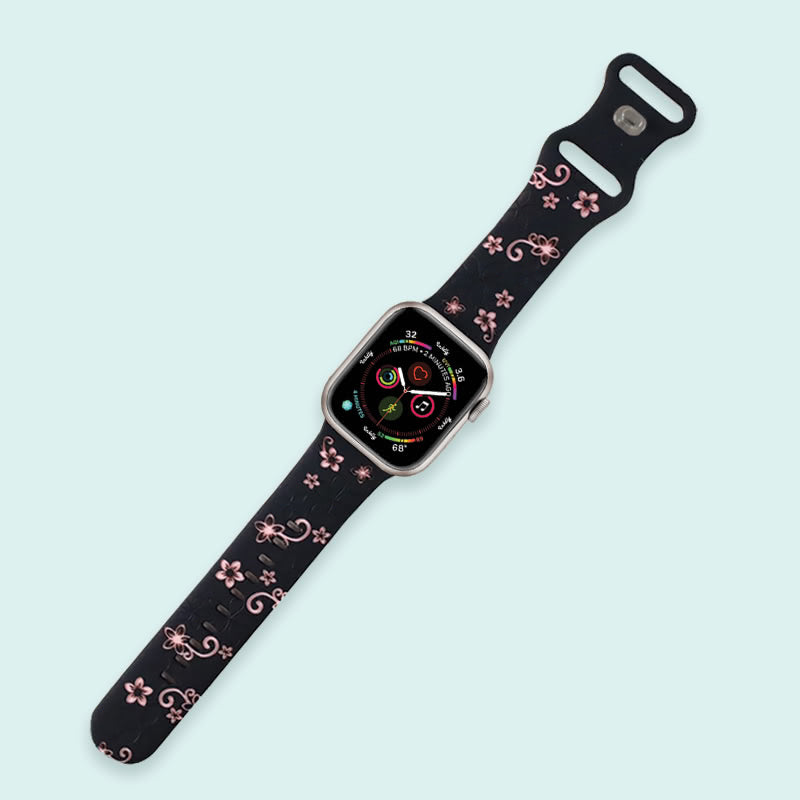 Aura Engraved Apple Watch Bands Replacement Straps 38mm/40m/41mm Black + Pink Flowers