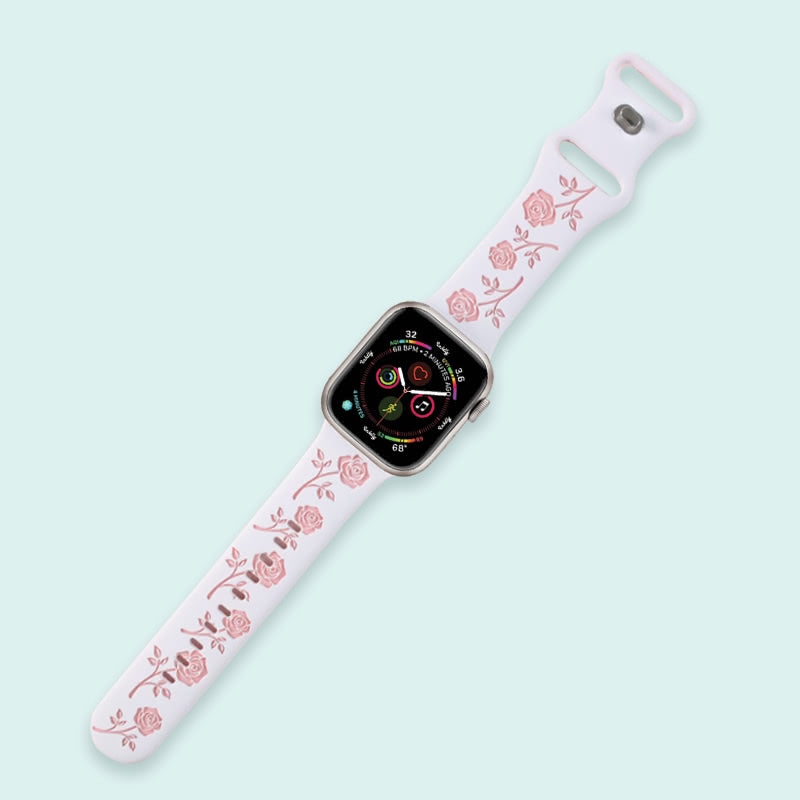 Aura Engraved Apple Watch Bands Replacement Straps 38mm/40m/41mm White + Pink Roses