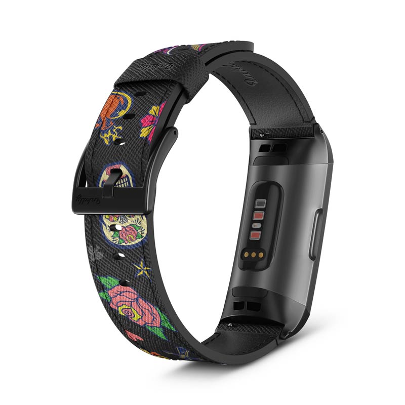 Inkdly Fitbit Charge 3 & Charge 4 Band - Sugar Skulls Small Black 
