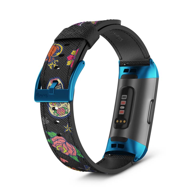 Inkdly Fitbit Charge 3 & Charge 4 Band - Sugar Skulls Small Blue 