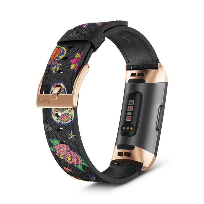Inkdly Fitbit Charge 3 & Charge 4 Band - Sugar Skulls Small Traditional Rose Gold 