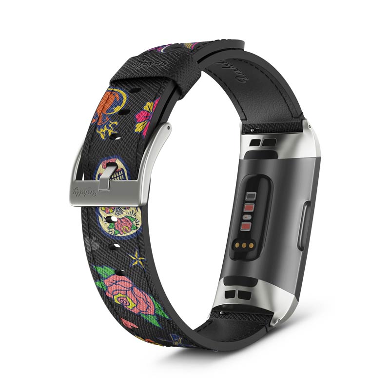 Inkdly Fitbit Charge 3 & Charge 4 Band - Sugar Skulls Small Silver 