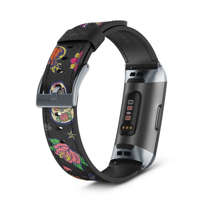 Inkdly Fitbit Charge 3 & Charge 4 Band - Sugar Skulls Small Space Grey 