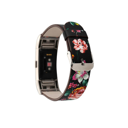 Designer Leather Fitbit Charge 2 Replacement Band with Buckle Black + Pink Flowers  