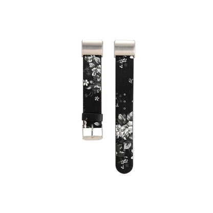 Designer Leather Fitbit Charge 2 Replacement Band with Buckle Black + White Flowers  