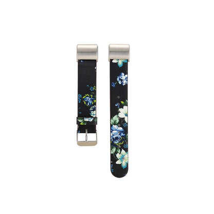 Designer Leather Fitbit Charge 2 Replacement Band with Buckle Black + Blue Flowers  