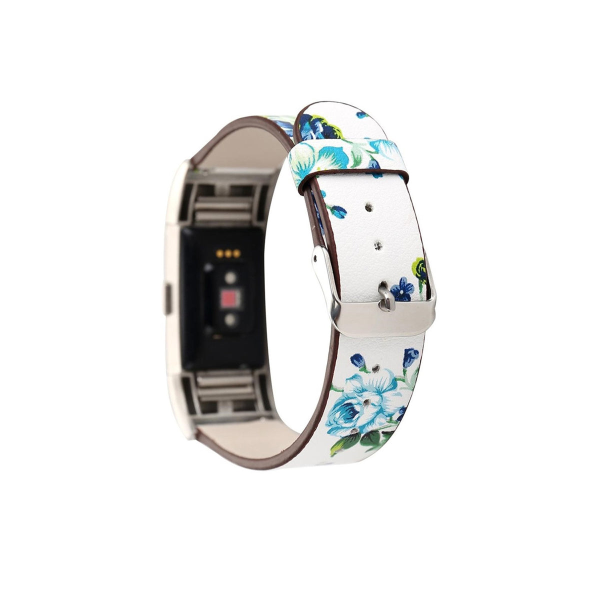 Designer Leather Fitbit Charge 2 Replacement Band with Buckle White + Blue Flowers  