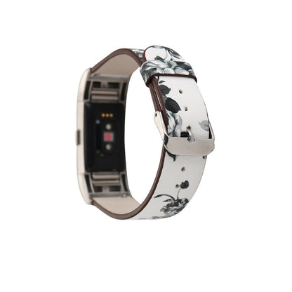 Designer Leather Fitbit Charge 2 Replacement Band with Buckle White + Grey Flowers  