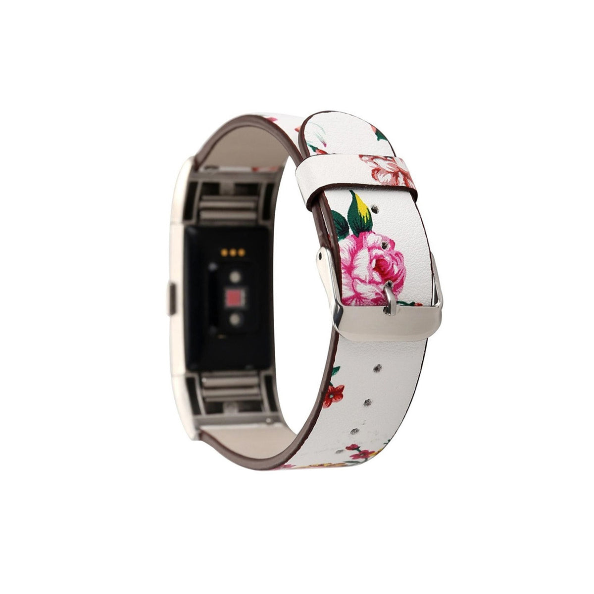 Designer Leather Fitbit Charge 2 Replacement Band with Buckle White + Red Flowers  