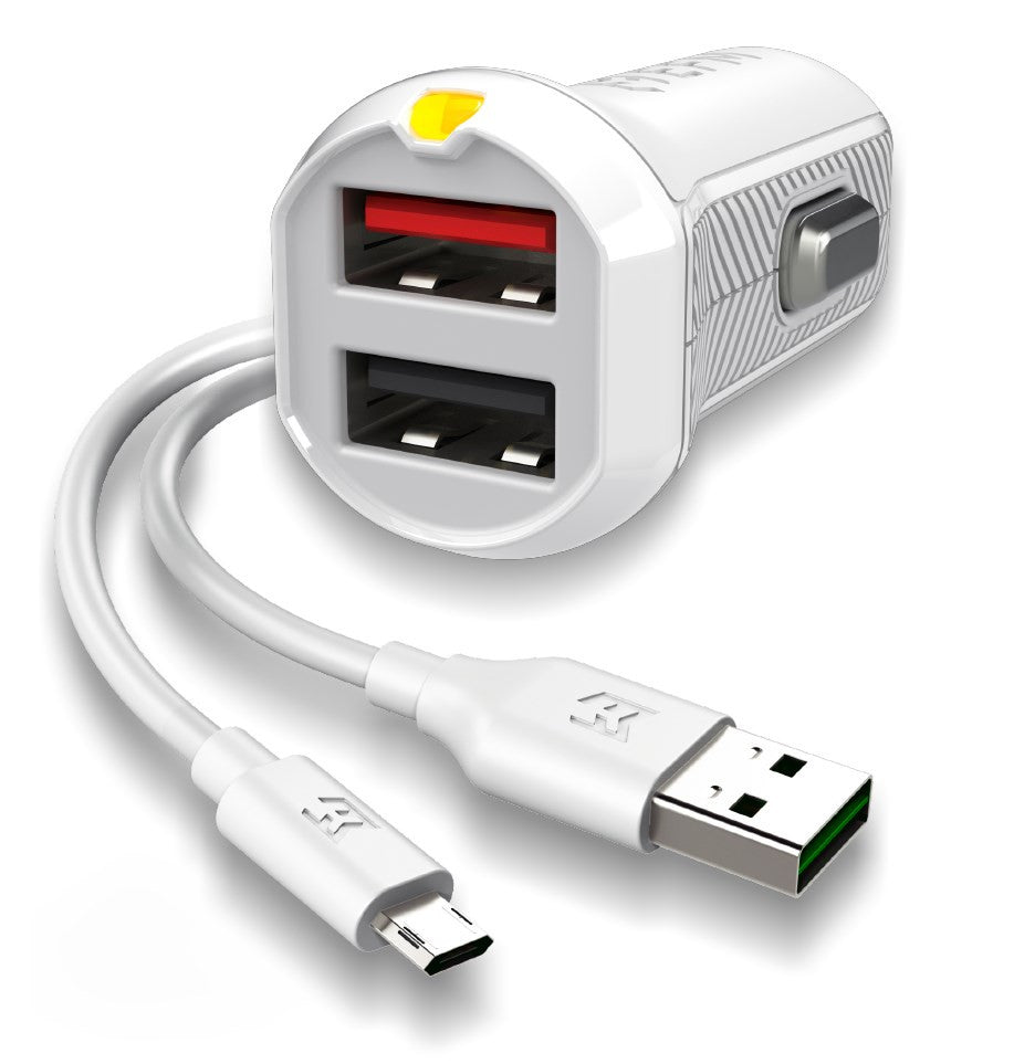 EFM Car Chgr 3.4A Dual USB Rapid Charge W/Reverse Micro USB Cable - White   
